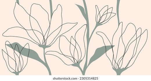 Seamless linear floral pattern. Modern pattern with line flowers, leaves. Simple style botanical background. Outline buds. Freehand illustration