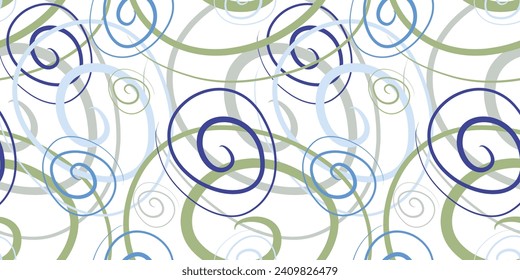 Seamless linear geometric pattern with Colorful Spirals. Abstract line drawing. Irregular chaotically crossed curved lines texture. Colorful flat simple minimalistic background. Trendy textile design.