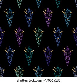 Seamless linear ice cream cone pattern, hand-drawn summer food vector, doodle ice-cream background, for cards, invitations, food design, EPS 8