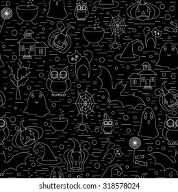 Seamless linear illustration of halloween clip art. Vector graphic set with cute halloween doodles