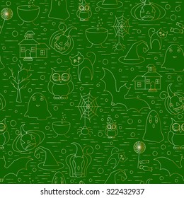 Seamless linear illustration of Halloween clip art. Vector graphic set with cute Halloween doodles