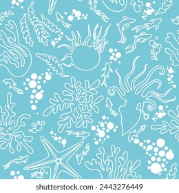Seamless linear monochrome children's laconic marine pattern vector set with tropical fish, coral, jellyfish, seaweed, starfish, bubbles and octopus on turquoise background
