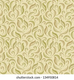 Seamless linear ornate pattern with leaves. Endless beige curly texture. Template for design fabric, backgrounds, wallpapers, covers, packages, wrapping paper