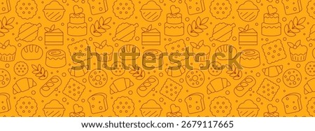 Seamless Linear and Outline Baking Icons Pattern Banner in a Vector Illustration and Packaging design