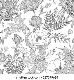 Seamless Linear Pattern - Assorted Flowers