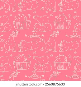 Seamless linear pattern with capybara on a light background