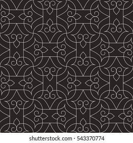 Seamless linear pattern with crossing thin curved lines and scrolls. Abstract geometric texture. Stylish background in gray and white colors.