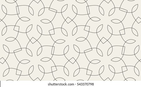 Seamless linear pattern with crossing thin curved lines and scrolls. Abstract geometric texture. Stylish background in gray and white colors.