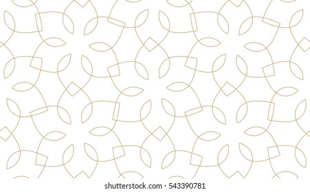 Seamless linear pattern with crossing thin curved lines and scrolls. Golden abstract geometric texture on white. Stylish background in gray and white colors.
