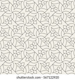 Seamless linear pattern with crossing thin curved lines and scrolls. Abstract geometric texture. Stylish background in gray and white colors.