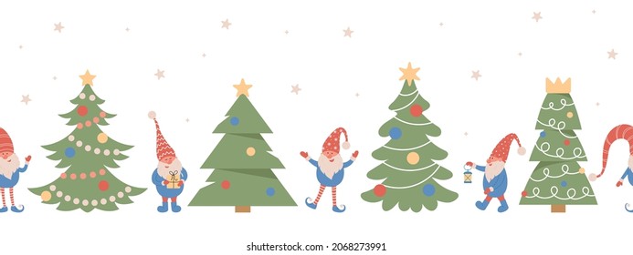 Seamless linear pattern with cute gnomes and christmas trees. Nordic Christmas, scandinavian Christmas. For wrapping paper, scrapbooking, wall paper, fabric, textile