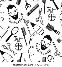 seamless linear pattern of different Barber tools and a man's face with a beard. the label Barbershop. monochrome linear drawing. stock vector illustration. EPS 10.