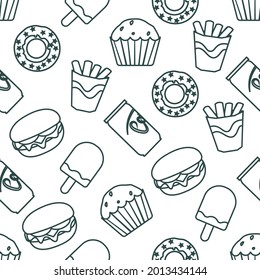 Seamless linear pattern of fast food, drinks, ice cream. Vector illustration. Brunch and Breakfast Repeating