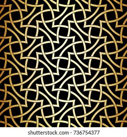 Seamless linear pattern with golden arc lines and polygons. Abstract geometric texture. Stylish background. Vector rapport for swatches.