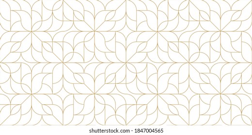 Patrón lineal sin soldadura con líneas de rizo dorado deslizándose y hojas estilizadas sobre fondo blanco. Diseño floral abstracto monocromo. Entramado decorativo. Revestimiento elegante para textiles, tejidos y envolturas.
