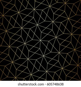 Seamless linear pattern with golden lines and polygons on black background. Abstract geometric texture. Vector rapport to fill the backdrop, laser engraving or cutting