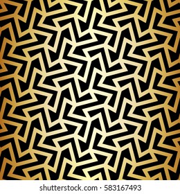 Seamless linear pattern with golden stripes and polygons on black background. Abstract geometric texture. Vector rapport to fill the backdrop, laser engraving or cutting. 