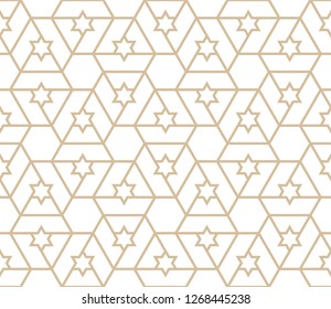 Seamless linear pattern with golden thin straight lines, stars and polygons on white background. Abstract geometric texture. Stylish background in Arabic style. Vector rapport for swatches.