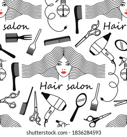 seamless linear pattern for ladies ' hair salon. the face of a girl with long hair and hairdressing tools are drawn with a black outline on a white background. stock vector illustration. EPS 10.