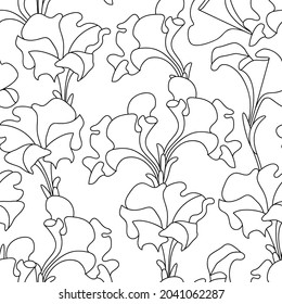 seamless linear pattern of petunia flowers. black outline on a white background. minimalistic vector graphics with plant elements. stock vector illustration. EPS 10.
