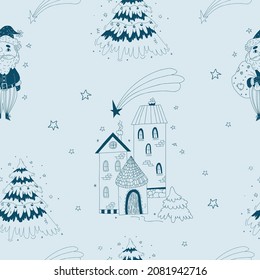 Nahtloses lineares Muster. Weihnachtsmann und Weihnachtsbaum, Hous und Stern von Bethlehem auf hellblauem Hintergrund mit linearem New Years Dekor und Sternen. Vektorgrafik. Umriss für die Dekoration