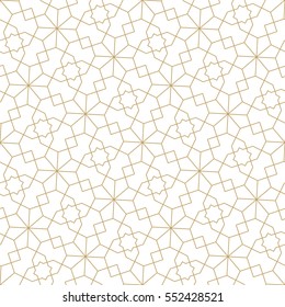 Seamless linear pattern with straight thin  golden lines forming stylish ornamental wallpaper on white backdrop. Abstract light texture. Geometric background. 