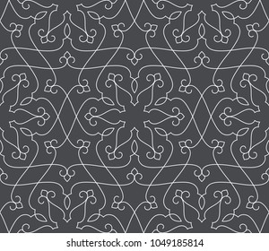 Seamless linear pattern with thin curl lines and scrolls. Monochrome abstract floral pattern. Decorative lattice.