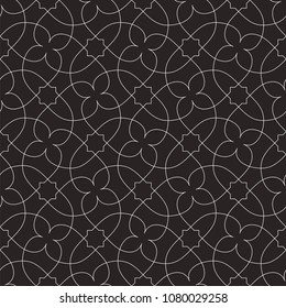 Seamless linear pattern with thin curl lines and scrolls. Monochrome abstract floral pattern. Decorative lattice.