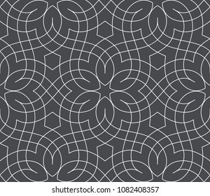 Seamless linear pattern with thin curl lines and scrolls. Monochrome abstract floral pattern. Decorative lattice.
