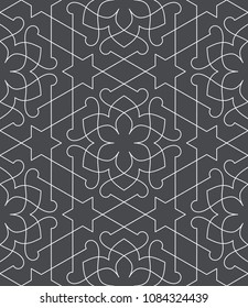 Seamless linear pattern with thin curl lines and scrolls. Monochrome abstract floral pattern. Decorative lattice.