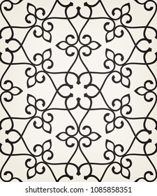 Seamless linear pattern with thin curl lines and scrolls. Monochrome abstract floral pattern. Decorative lattice.