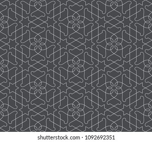 Seamless linear pattern with thin curl lines and scrolls. Monochrome abstract floral pattern. Decorative lattice.