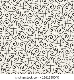 Seamless linear pattern with thin curl lines and scrolls. Monochrome abstract floral linear pattern. Decorative lattice. Vector rapport for swatches.