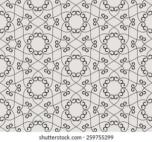 Seamless linear pattern with thin curl lines and scrolls. Abstract Vector Illustration.