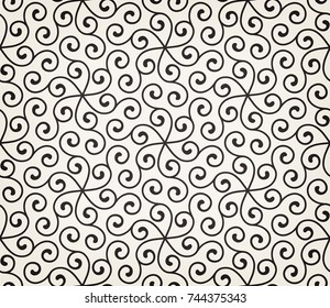 Seamless linear pattern with thin curl lines and scrolls. Monochrome abstract floral pattern. Decorative lattice.