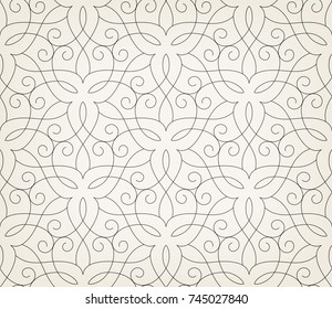 Seamless linear pattern with thin curl lines and scrolls. Abstract floral pattern. Decorative lattice in Arabic style.