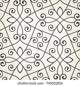 Seamless linear pattern with thin curl lines and scrolls. Abstract floral pattern. Decorative lattice in Arabic style.