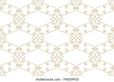 Seamless linear pattern with thin curl lines and scrolls. Abstract floral pattern. Decorative lattice in Arabic style.