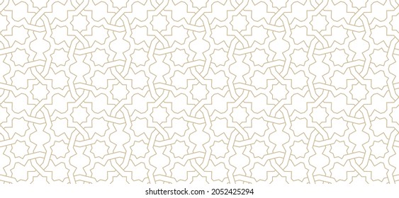 Seamless linear pattern with thin golden lines and polygons on white background. Abstract geometric design for textile, fabric and wallpaper. Background in Arabic style. Vector rapport for swatches.