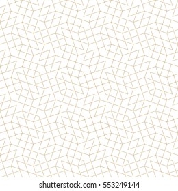 Seamless linear pattern with thin golden poly lines, polygons on white backdrop. Abstract geometric texture i light color. Fractal background. 