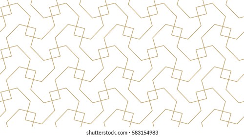 Seamless linear pattern with thin golden poly lines, polygons on white backdrop. Abstract geometric texture i light color. Fractal background.