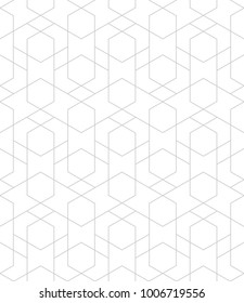 Seamless linear pattern with thin grey lines and polygons on white background. Abstract geometric texture. Stylish background in grey and white colors.