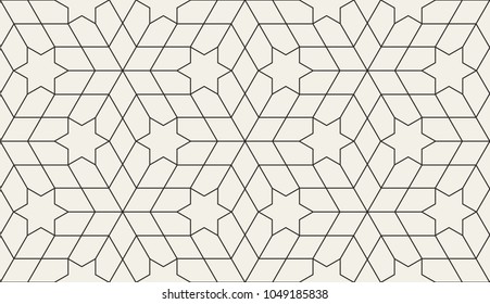 Seamless linear pattern with thin grey lines and polygons on white background. Abstract geometric texture. Stylish background in grey and white colors.