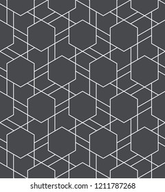 Seamless linear pattern with thin grey lines and polygons on white background. Abstract geometric texture. Stylish background in grey and white colors.