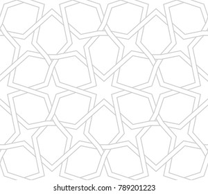 Seamless linear pattern with thin grey lines and polygons on white background. Abstract geometric texture. Stylish background in grey and white colors.