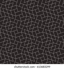 Seamless linear pattern with thin light grey poly lines and polygons on black backdrop. Abstract geometric texture. Stylish background. Monochrome mosaic