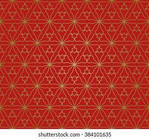 Seamless linear pattern with thin lines. Gold on red stylish geometric texture, line art. Contemporary graphic design. Tribal ethnic ornament, arabic style background