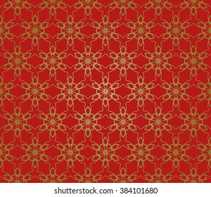 Seamless linear pattern with thin lines. Gold on red stylish geometric texture, line art. Contemporary graphic design. Tribal ethnic ornament, arabic style background