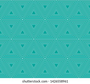 Seamless linear pattern with thin poly lines and triangles. Abstract geometric texture with geometric shapes. Stylish background in teal and white colors