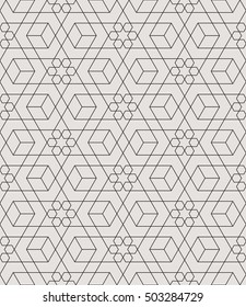 Seamless linear pattern with thin poly lines, polygons and  stars in the traditional Arabic style in light gray tones.